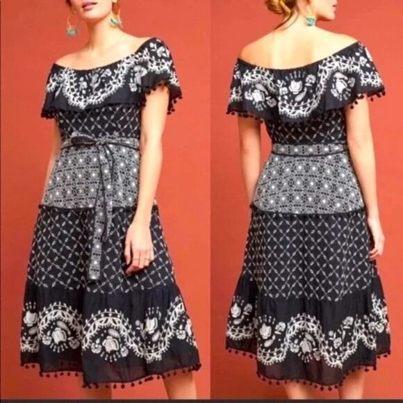 Anthropologie Dresses & Skirts - Anthropologie MARISOL Off the Shoulder Embroidered Pom pom Dress size 12